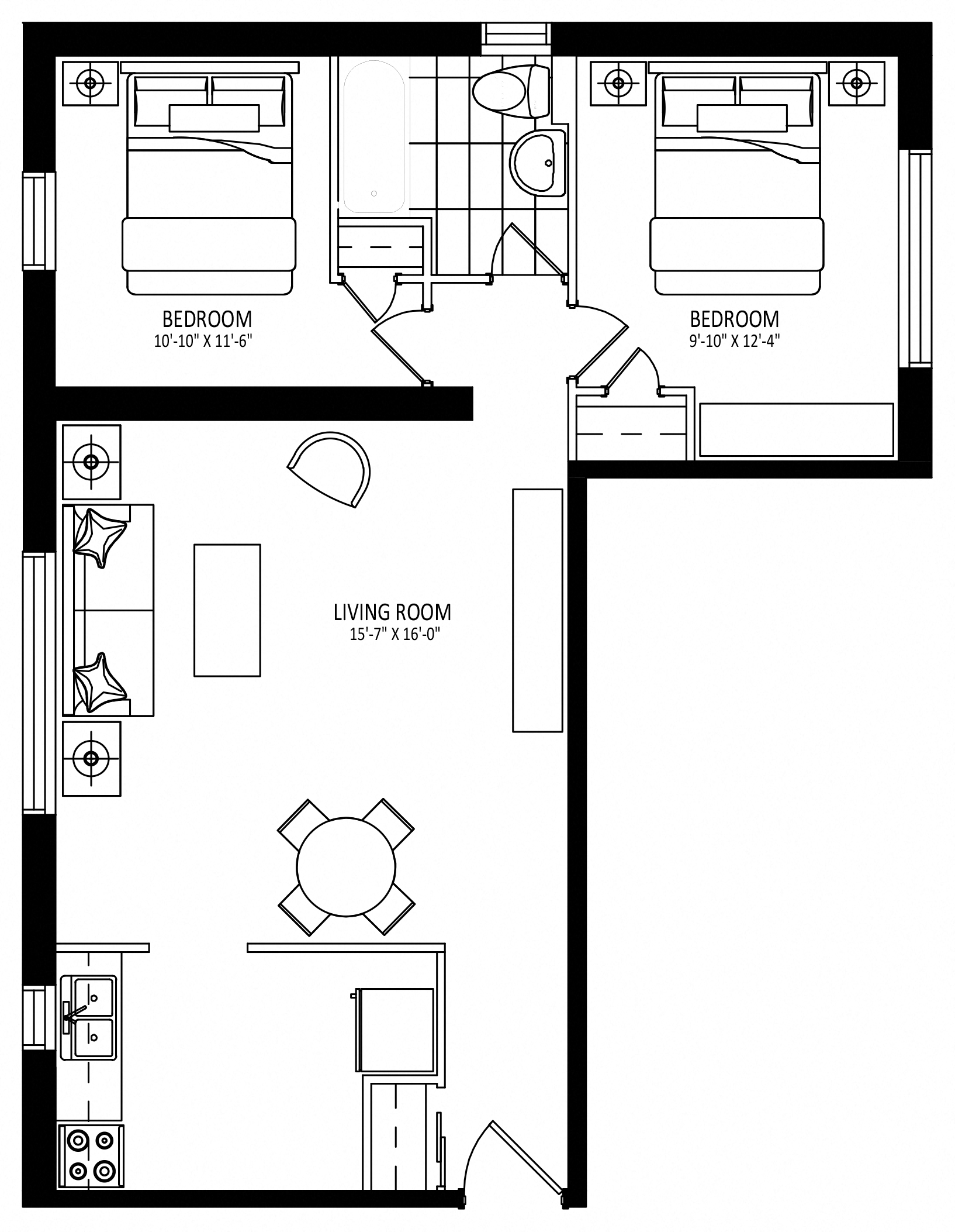 Floor plan for 2 beds, 1 bath, 768 sqft